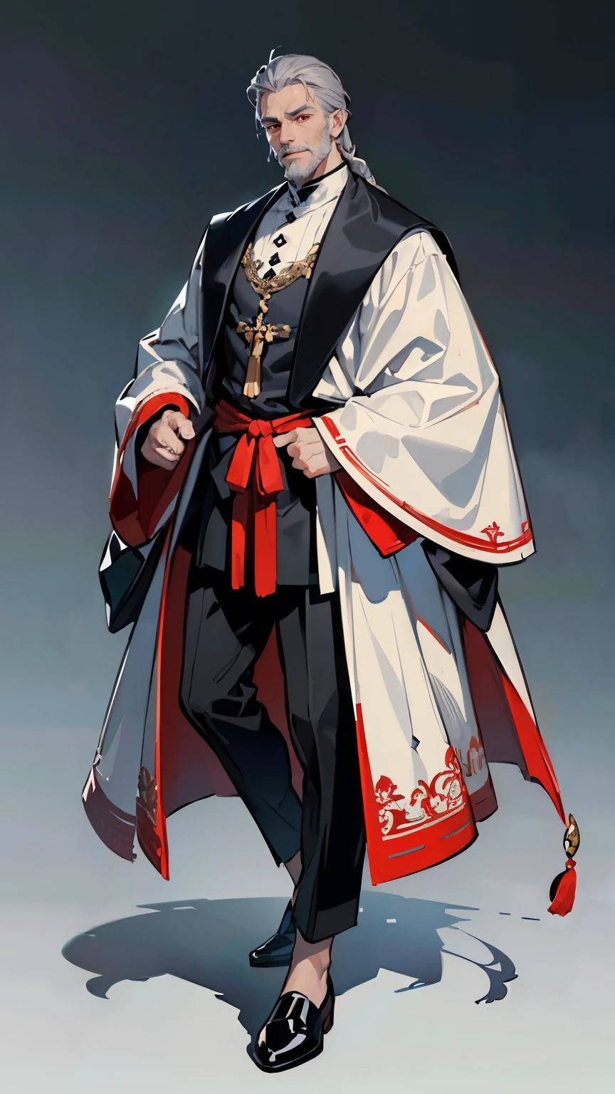 ((masterpiece,best quality,8k,highres)),((character concept art)), 1 male, middle-age adult male, Cult Bishop, 190 cm height, big back head hairstyle (grey hair colour), ultra finely detailed eyes (red eyes colour), extraordinary handsome, charming, smirk smile, grey stubble beard, incredible body build ((muscular)), ((intricate detail)), super finely detailed hands, ultra finely detailed fingers(((ten fingers))), Cult Bishop full outfit (black outfit colour), black pants, black shoes, (standing still), (full body showcase), (show full body), (no logos on background), (no logo), ((plain background)), ((plain background)), (((empty background)))