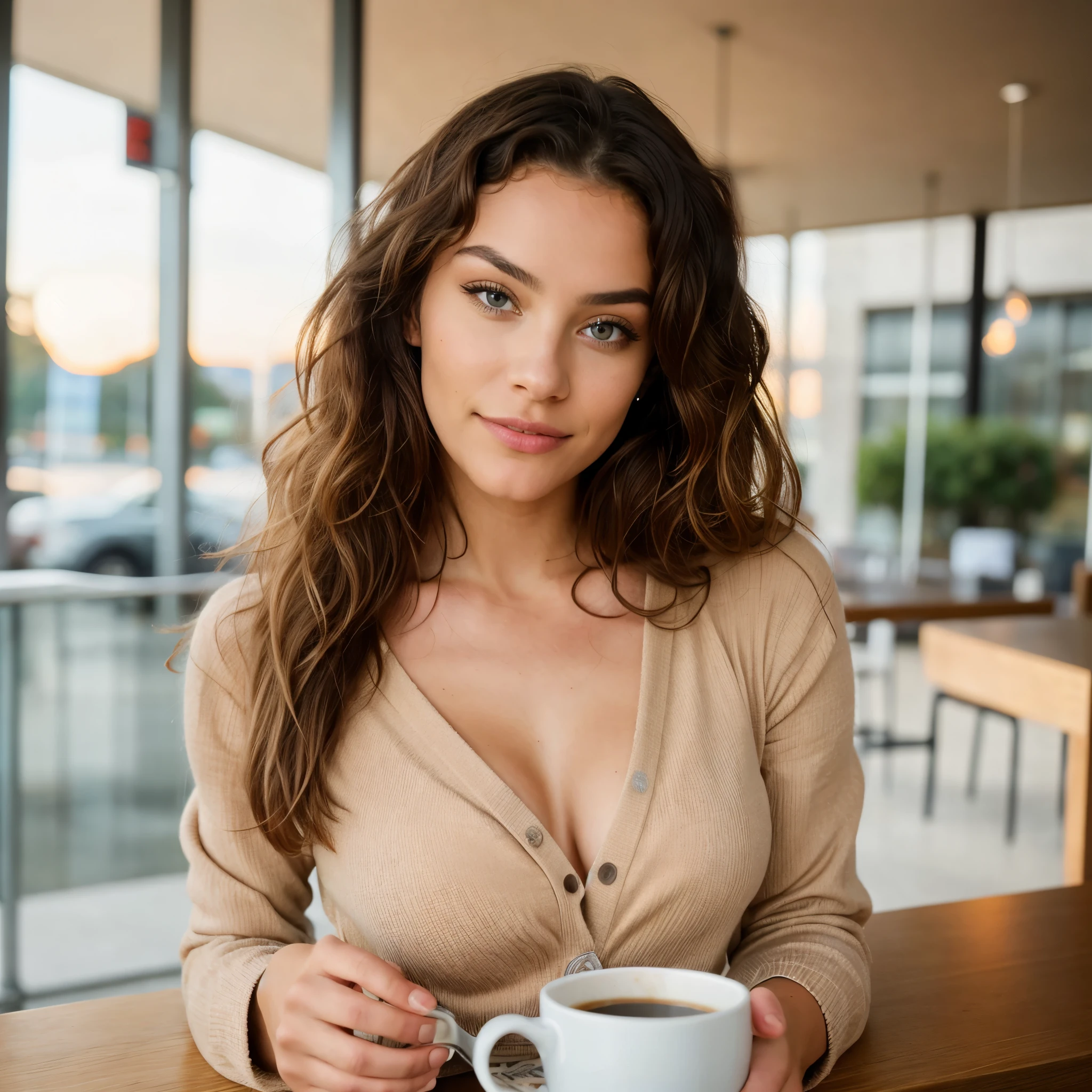 Belle blonde portant un pull beige (Holding a cup of coffee in a modern café at sunset), very detailed, 21 ans, visage innocent, natural curly hair, yeux bleus, high resolution, chef-d'artwork, best quality, intricate details, very detailed, mise au point nette, detailed skin, Realistic skin texture, texture, detailed eyes, professionnel, 4k, sourire charmant, filmed in Canon, 85 millimeters, faible profondeur de champ, Couleur Kodak Vision, perfectly fitted body, Extremely detailed, photographier_\(Ultra\), photorealistic, Realistic, Post-traitement, maximum details, roughness, vrai vie, Ultra realist, Photorealism, photographie, 8k euh, photographie,plan large