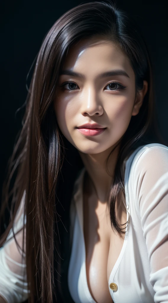 highest quality, epic realistic, ((in the pitch black darkness :1.4)), ((portrait:1.5)),(background: dark ) high contrast ,glorious picture, lowest lux, lighting face, she's comfortable, wearing nothing, , looks incredible, (8k, Raw photo, Highest quality),(epic realistic:1.5), a woman, face,(detailed eyes:0.8),(looking at the camera:1.4), (Highest quality), ( high contrast, deep shadows),Intricate details,cinematic,((skin:1.4)), (long dark hair:1.3), long hair, messy ,(Hdr:1.5),Detailed, colors, Superior quality, Masterpiece, Raw Photo (20-year-old, looking at viewer), beautiful, (wearing WHITE OVERSIZE MEN SHIRT, OPEN ALL BUTTONS), perfect, natural, perfect composition, portrait, perfect face, smiling expression, Captivating eyes, Bright details, Tight lips, (High Skin Detail),, (blue tint: 0.6), (sale: 0.8), (bloody: 0.7), Key lighting , (backlight: 0.5), Medium depth of field, Canon 5d, 50mm lens, f/4 apertures, (Ultra-detailed, Complex detail), sharp focus, soft colors, 8k, Absurd, 80mm, bokeh background, photography, smiling, pinay, filipina, large boobs, neon lights background