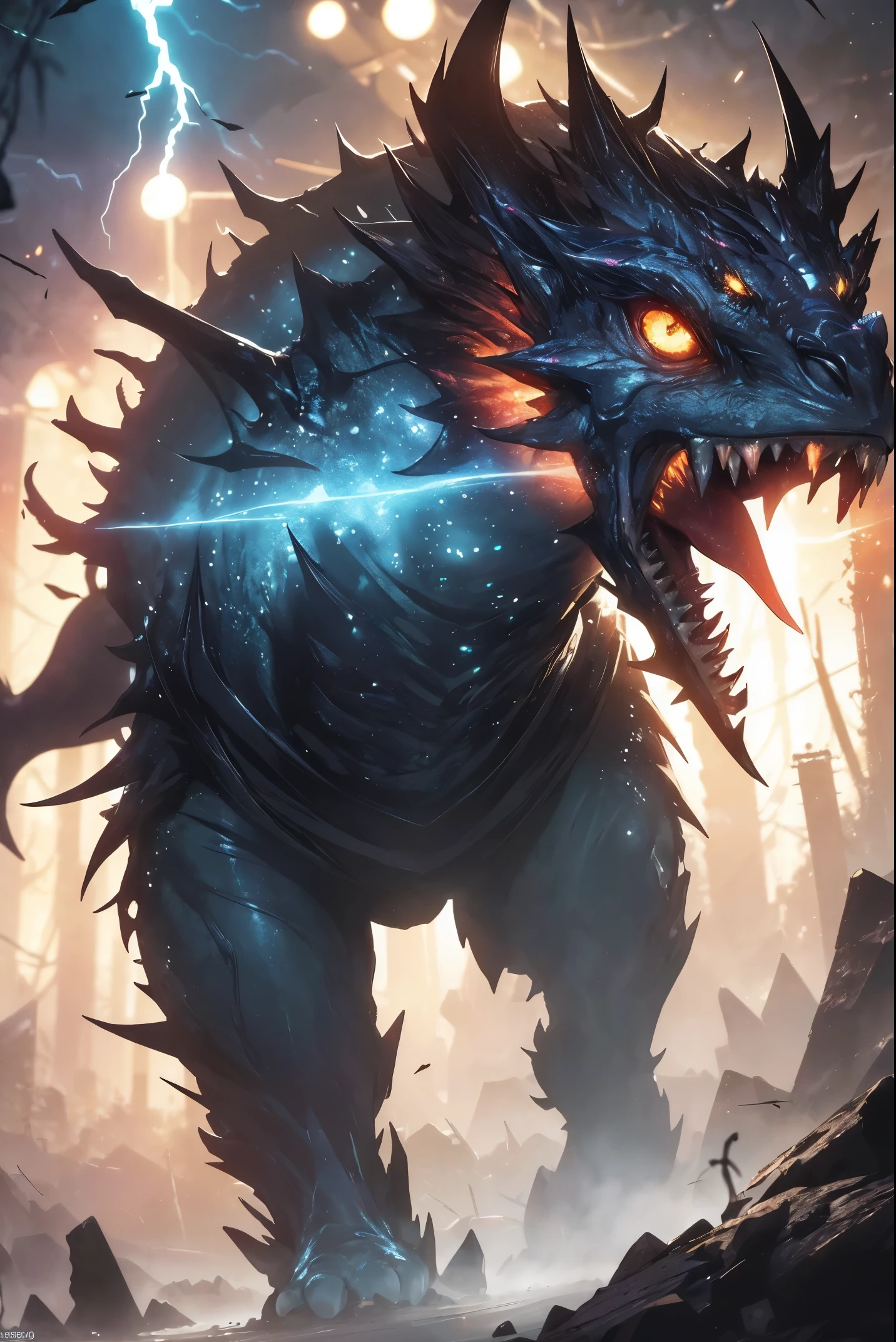 Dragon god, dragon of life, big horns, giant horns, beast, glowing eyes 