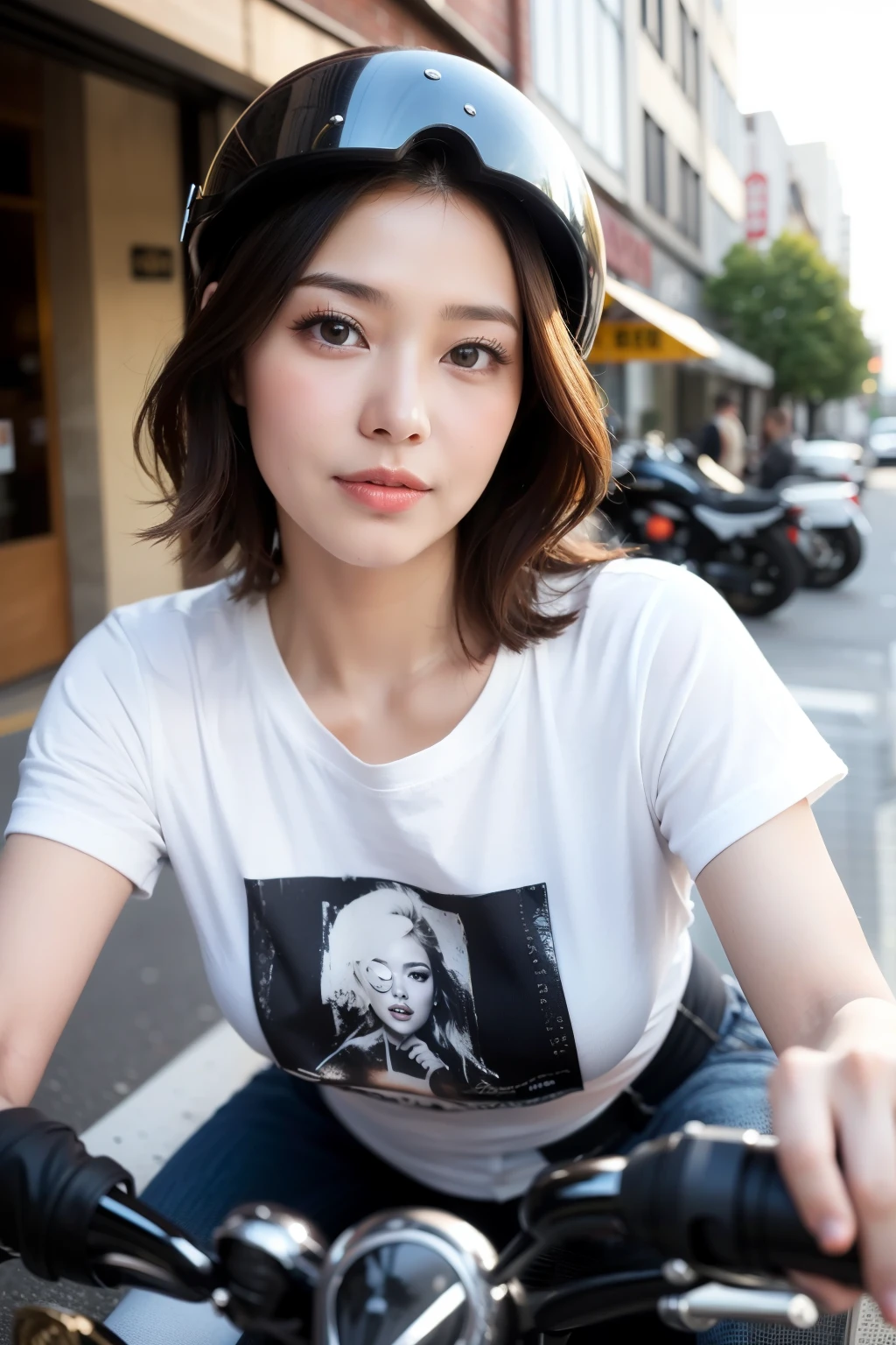 ((highest quality, 8K, masterpiece :1.3)),
Japanese cute milf with curvaceous body,
super detailed face, fine eyes, double eyelid,
coquettish look,urban brown hair, beautiful woman,He has fair skin and is wearing a T-shirt., helmet fashionable american motorcycle ride, Whole motorcycle,
street, outdoor,