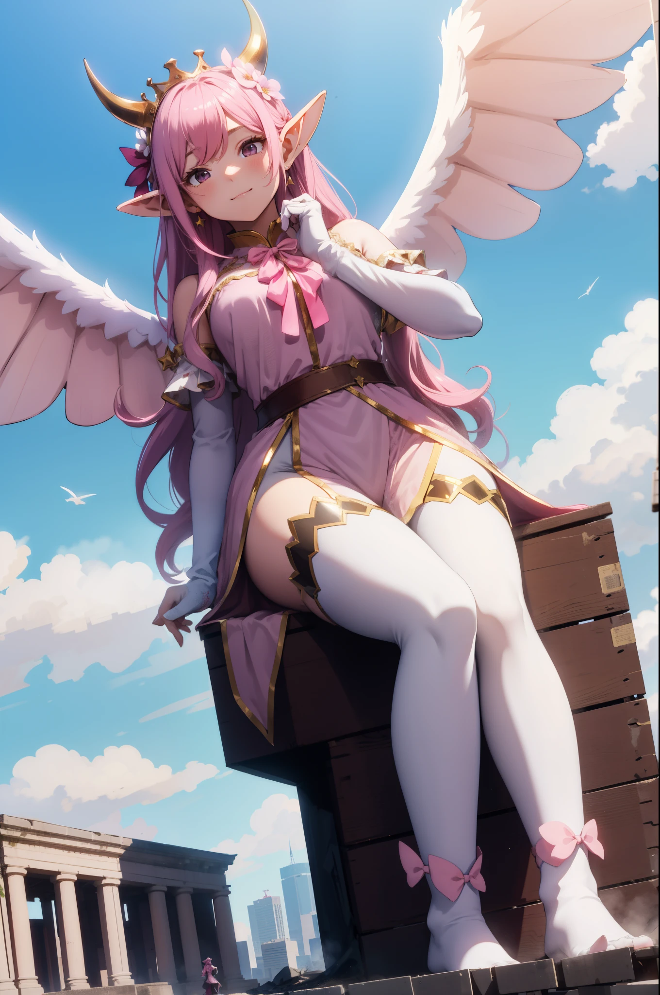 giant girl 50,000 feet high,Weight 1000kg,Has a pair of huge pink angel wings,With huge devil horns on his head,crown on head,Elf wearing pink earrings,She has long pink hair that reaches her feet,loose hair,Pink wavy long curly hair,Wearing a pair of pink boots,Pink lace gloves,Pink lace pantyhose,Pantyhose with bow and star decorations,粉色蕾丝whole body,Standing upright on a small city,Beautiful appearance,Exquisite makeup,quality,8k,高quality,Perfect proportion, Cinema lighting,film grain,Fuji colors,8k,textured skin,Super details,high detail,high resolution,fake smile,blood stains,脚底有blood stains,whole body,Obese,elf princess,feather,flowers,Sitting elegantly on a tall building