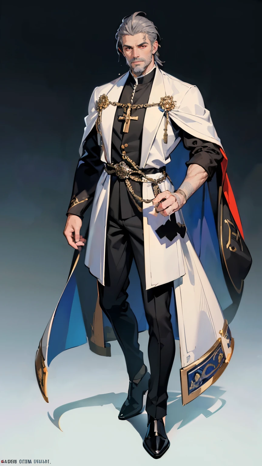((masterpiece,best quality,8k,highres)),((character concept art)), 1 male, middle- adult male, Cult Bishop, 190 cm height, big back head hairstyle (grey hair colour), ultra finely detailed eyes (red eyes colour), extraordinary handsome, charming, smirk smile, grey stubble beard, incredible body build ((muscular)), ((intricate detail)), super finely detailed hands, ultra finely detailed fingers(((ten fingers))), Cult Bishop full outfit (black outfit colour), black pants, black shoes, (standing still), (full body showcase), (show full body), (no logos on background), (no logo), ((plain background)), ((plain background)), (((empty background)))