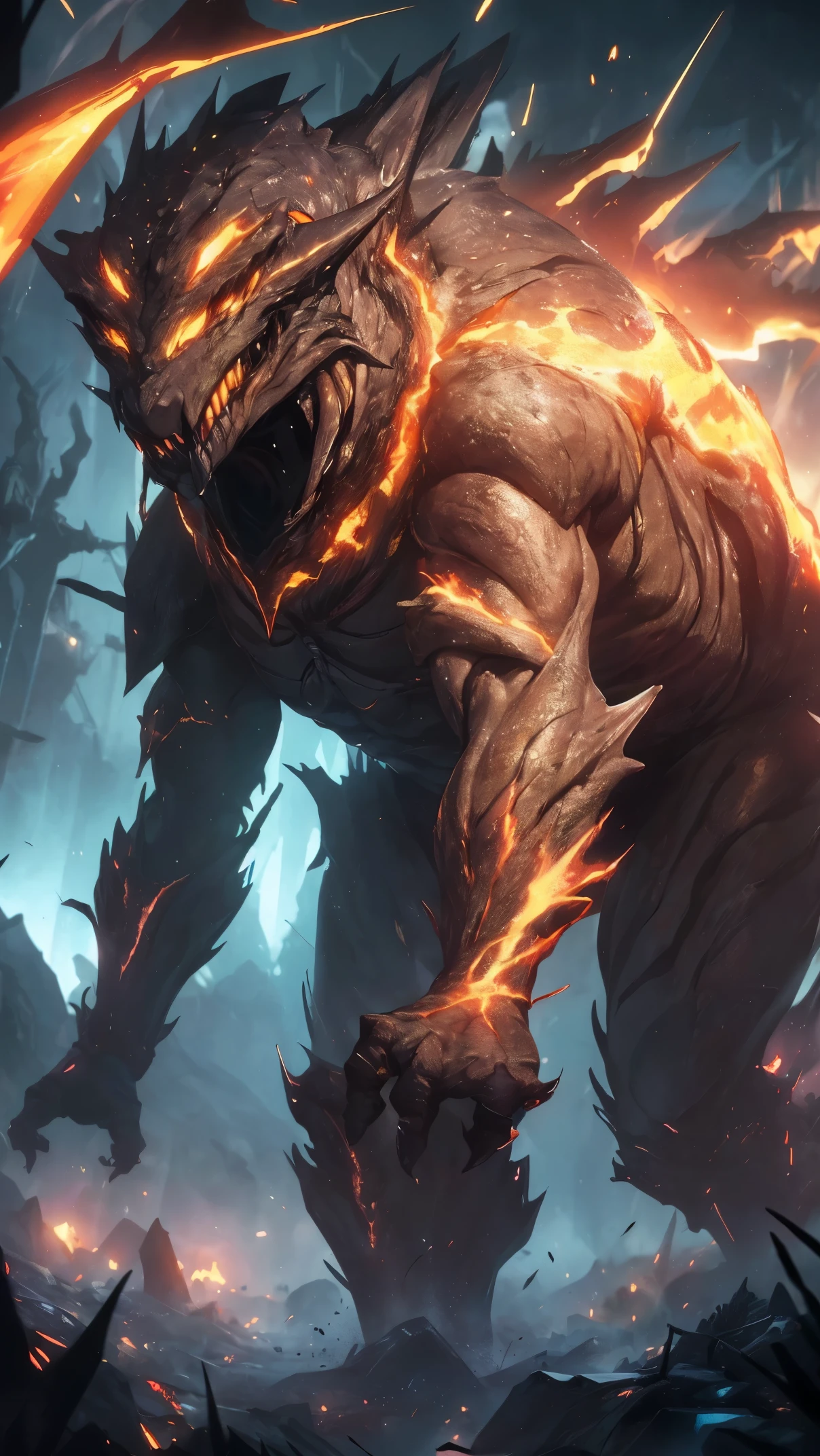 (high quality, 4k, ultra-detailed, realistic, vivid colors, bokeh), (monstrous creature:1.1, dark atmosphere), lightning bolts, abominable being, deep darkness, highly detailed, interplay of light and shadows, particles