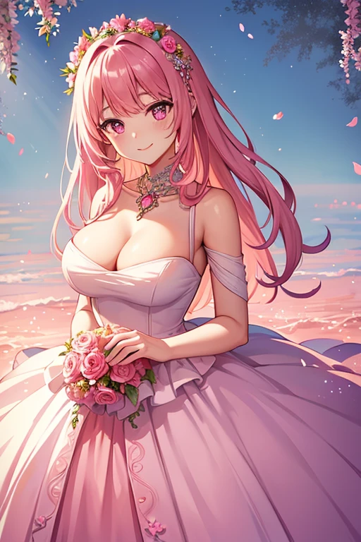 ((muste piece)), ((best quality))、best style、beautiful woman、The most beautiful woman in the world、A dress with flowers, a luxurious dress, dressed Beautiful Gowns, Floral Couture, fantasy dress, magic dress, wearing a wonderful dress, intricate gown, intricate dresses, brilliant pink ball gown, Pretty dresses, Beautiful Gowns, Flower dress, lady with glowing flowers dress, Wearing a pink ballroom gown, romantic dress, wearing a wonderful dress、pink eyes、pink hair、long hair、big breasts、detailed face、best style、smile