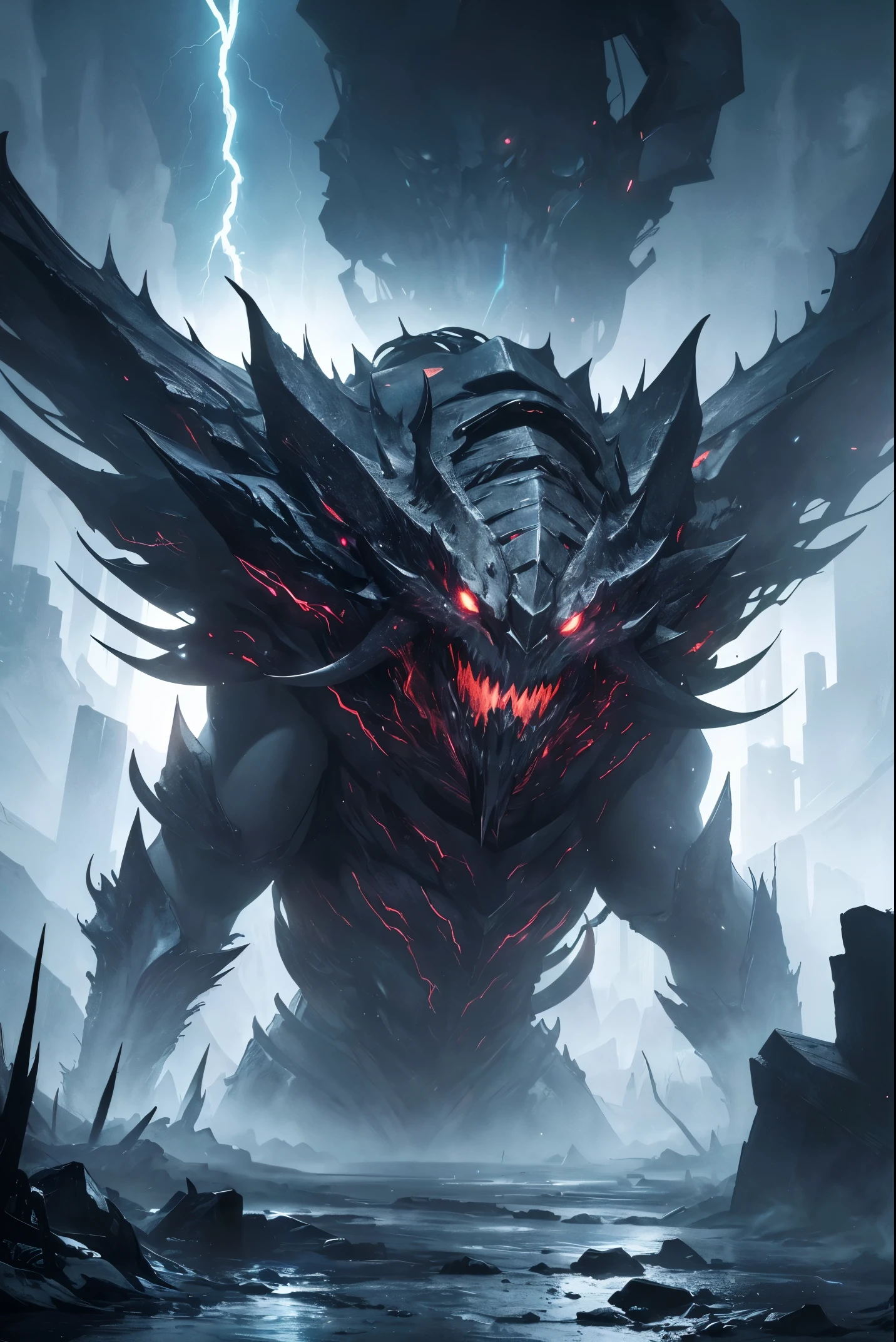 (high quality, highres:1.2), dark and mysterious, monstrous creature with lightning bolts, highly detailed, deep darkness, atmospheric lighting and particle effects