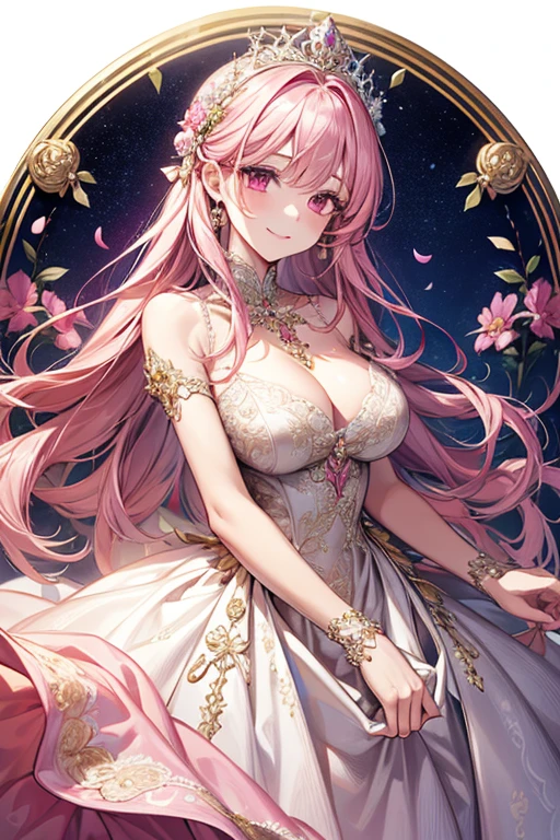 ((muste piece)), ((best quality))、best style、beautiful woman、The most beautiful woman in the world、A dress with flowers, a luxurious dress, dressed Beautiful Gowns, Floral Couture, fantasy dress, magic dress, wearing a wonderful dress, intricate gown, intricate dresses, brilliant pink ball gown, Pretty dresses, Beautiful Gowns, Flower dress, lady with glowing flowers dress, Wearing a pink ballroom gown, romantic dress, wearing a wonderful dress、pink eyes、pink hair、long hair、big breasts、detailed face、best style、smile