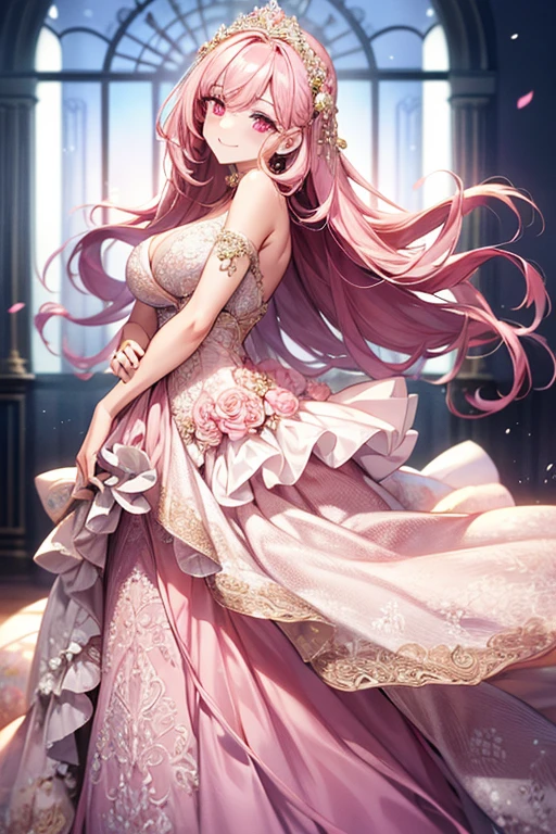 ((muste piece)), ((best quality))、best style、beautiful woman、The most beautiful woman in the world、A dress with flowers, a luxurious dress, dressed Beautiful Gowns, Floral Couture, fantasy dress, magic dress, wearing a wonderful dress, intricate gown, intricate dresses, brilliant pink ball gown, Pretty dresses, Beautiful Gowns, Flower dress, lady with glowing flowers dress, Wearing a pink ballroom gown, romantic dress, wearing a wonderful dress、pink eyes、pink hair、long hair、big breasts、detailed face、best style、