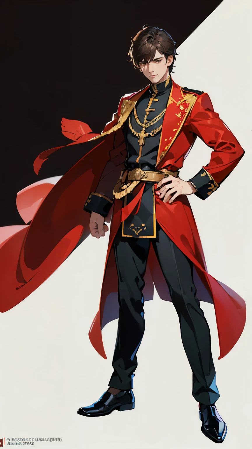 ((masterpiece,best quality,8k,highres)),((character concept art)), 1 male, young adult male, Catholic Bishop, 195 cm height, male short hair (brunette hair colour), ultra finely detailed eyes (brown eyes colour), extraordinary handsome, charming, warm smile, incredible body build ((muscular)), ((intricate detail)), super finely detailed hands, ultra finely detailed fingers(((ten fingers))), Catholic Bishop full outfit (red outfit colour), black pants, black shoes, (standing still), (full body showcase), (show full body), (no logos on background), (no logo), ((plain background)), ((plain background)), (((empty background)))