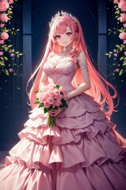 ((muste piece)), ((best quality))、best style、beautiful woman、The most beautiful woman in the world、A dress with flowers, a luxurious dress, dressed Beautiful Gowns, Floral Couture, fantasy dress, magic dress, wearing a wonderful dress, intricate gown, intricate dresses, brilliant pink ball gown, Pretty dresses, Beautiful Gowns, Flower dress, lady with glowing flowers dress, Wearing a pink ballroom gown, romantic dress, wearing a wonderful dress、pink eyes、pink hair、long hair、big breasts、detailed face、best style、smile