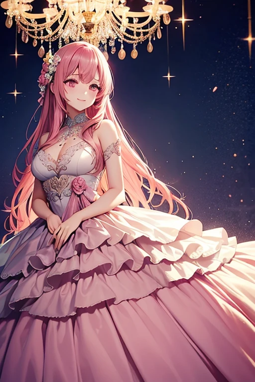((muste piece)), ((best quality))、best style、beautiful woman、The most beautiful woman in the world、A dress with flowers, a luxurious dress, dressed Beautiful Gowns, Floral Couture, fantasy dress, magic dress, wearing a wonderful dress, intricate gown, intricate dresses, brilliant pink ball gown, Pretty dresses, Beautiful Gowns, Flower dress, lady with glowing flowers dress, Wearing a pink ballroom gown, romantic dress, wearing a wonderful dress、pink eyes、pink hair、long hair、big breasts、detailed face、best style、smile