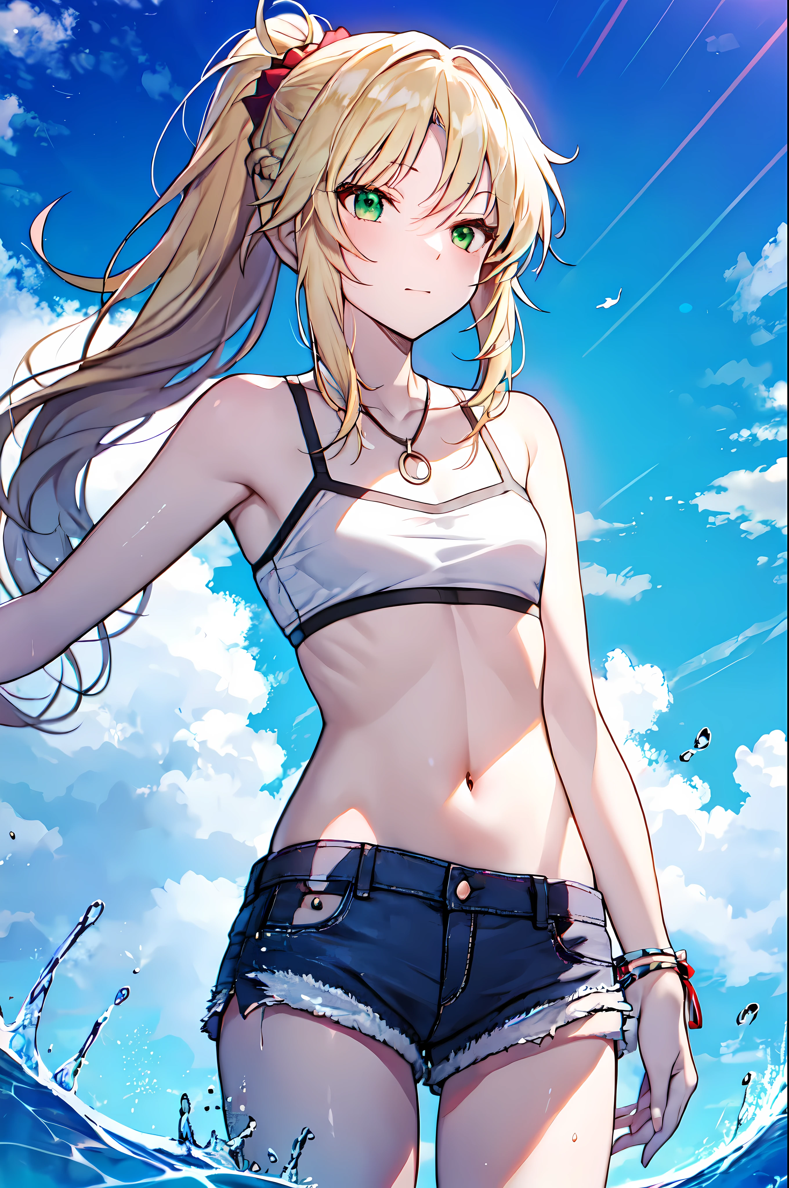 detailed, (masterpiece:1.2), (pale_skin), (solo:1.2), (female), (emphasis lines:1.3), slender, (blonde), outdoors, sky, green eyes, navel, ponytail, collarbone, denim_shorts, bracelets, (averting_eyes), (red_ribbon), park