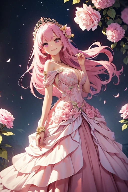 ((muste piece)), ((best quality))、best style、beautiful woman、The most beautiful woman in the world、A dress with flowers, a luxurious dress, dressed Beautiful Gowns, Floral Couture, fantasy dress, magic dress, wearing a wonderful dress, intricate gown, intricate dresses, brilliant pink ball gown, Pretty dresses, Beautiful Gowns, Flower dress, lady with glowing flowers dress, Wearing a pink ballroom gown, romantic dress, wearing a wonderful dress、pink eyes、pink hair、long hair、big breasts、detailed face、best style、smile