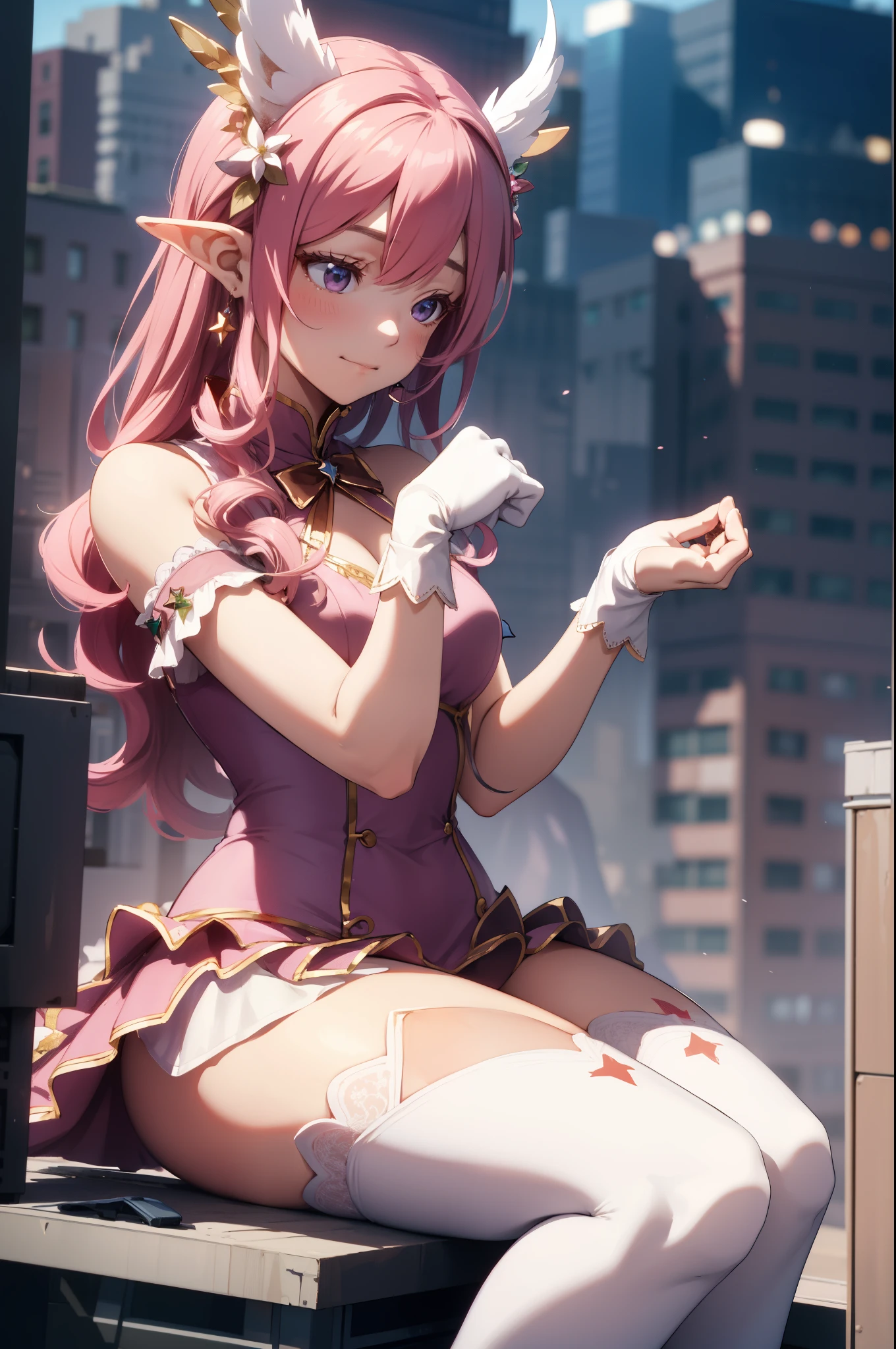 giant girl 50,000 feet high，Weight 1000kg，Has a pair of huge pink angel wings，With huge devil horns on his head，crown on head，Elf wearing pink earrings，She has long pink hair that reaches her feet，loose hair，Pink wavy long curly hair，Wearing a pair of pink boots，Pink lace gloves，Pink lace pantyhose，Pantyhose with bow and star decorations，粉色蕾丝whole body，Sitting elegantly on a tall building，Beautiful appearance，Exquisite makeup，quality，8k，高quality，Perfect proportion, Cinema lighting，film grain，Fuji colors，8k，textured skin，Super details，high detail，high resolution，fake smile，blood stains，脚底有blood stains，whole body，Obese，elf princess，feather，flowers