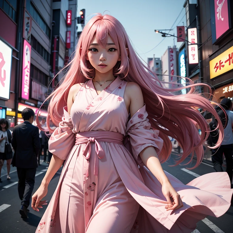 Tokyo, Kabukicho, long hair fluttering in the wind, pink hair, high definition, dress