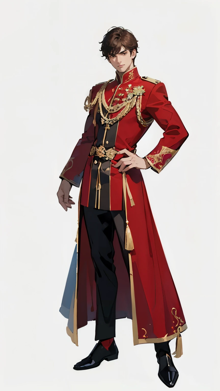 ((masterpiece,best quality,8k,highres)),((character concept art)), 1 male, young adult male, Catholic Bishop, 195 cm height, male short hair (brunette hair colour), ultra finely detailed eyes (brown eyes colour), extraordinary handsome, charming, warm smile, incredible body build ((muscular)), ((intricate detail)), super finely detailed hands, ultra finely detailed fingers(((ten fingers))), Catholic Bishop full outfit (red outfit colour), black pants, black shoes, (standing still), (full body showcase), (show full body), (no logos on background), (no logo), ((plain background)), ((plain background)), (((empty background)))
