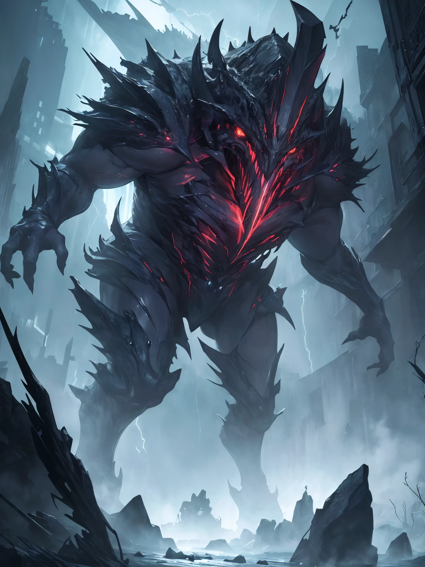 (high quality, highres:1.2), dark and mysterious, monstrous creature with lightning bolts, highly detailed, deep darkness, atmospheric lighting and particle effects