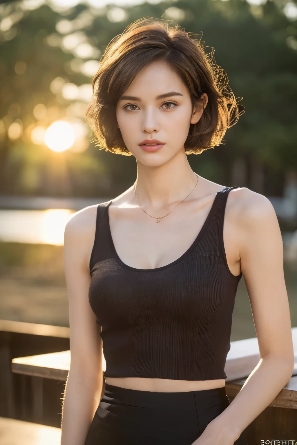 ((top-quality、8K、masterpiece: 1.erfect Body Beauty: 1.4、Slender Abs: 1.2、Beautiful woman with slender abs:1.3、(Highlight Haircutreast B Cup:1.2), medium breast, round shape breast, perfect shape breast, (she wears sheer tank top, black underneath, pencil skirt ) necklace, hyperdetailed face、18year old、 Pretty women、(Dark brown short-cut hair), Slim Face、Highly detailed facial and skin texture、very detailed lips、top-quality、masterpiece、超A high resolution、(Photorealsitic:1.4), long shot , bright background, sunset light,