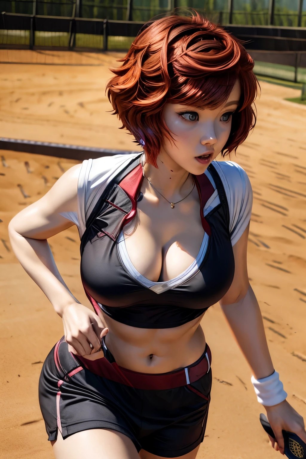 chris、25 years old、Redhead (shortcuts:1.9)、beautiful woman, playing tennis, breasts, (cleavage:-1.9)