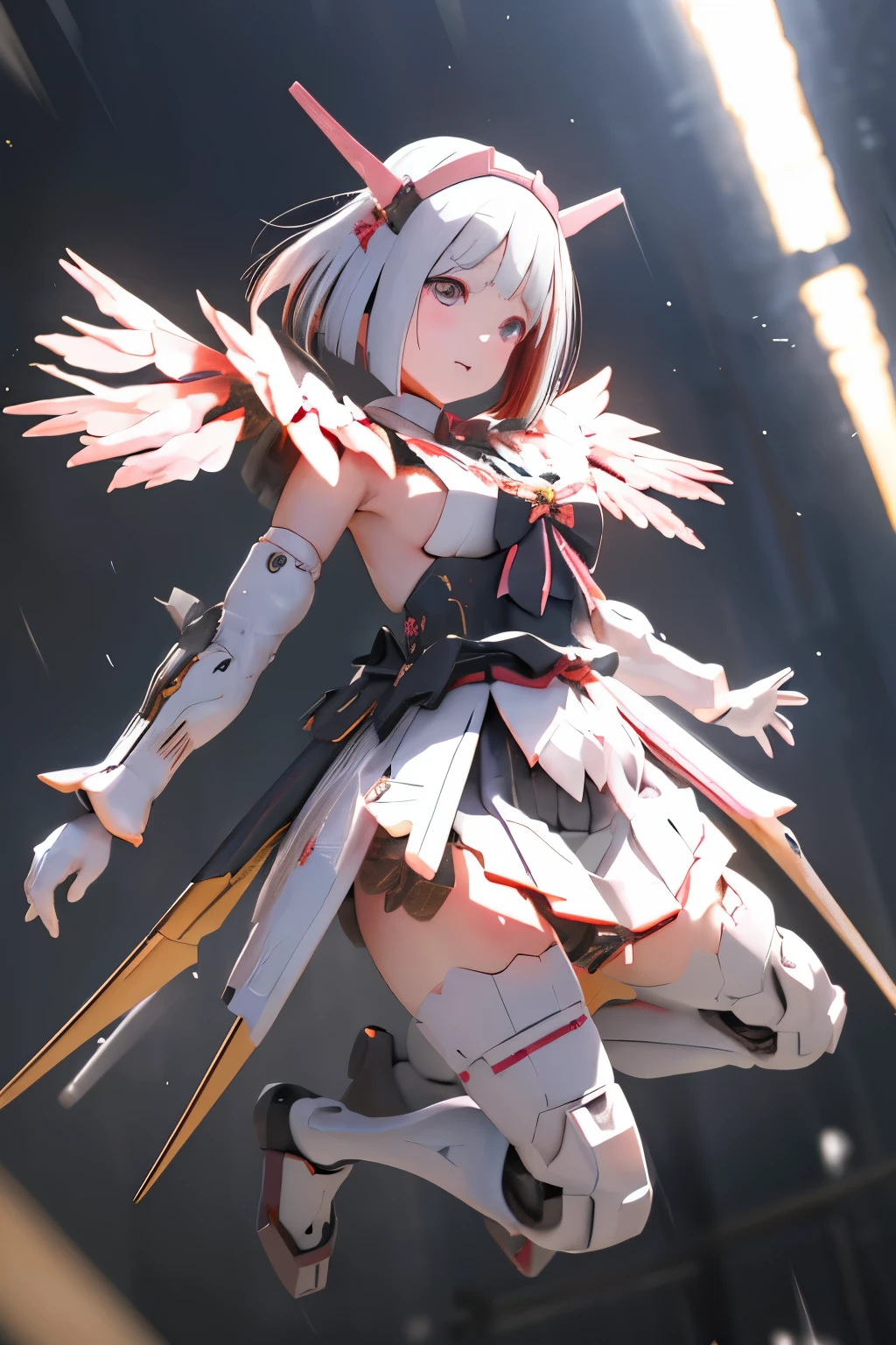 (highest quality)), ((masterpiece)), (very detailed: 1.3), 3D, {(japanese young girl)}, japanese girl wear gothic lolita clothes with white frills under armor, wears a futuristic Gundam mecha,(Gundam), with headgear, with v-fin , armored shoulders,armored under arms, armored under legs, multilayer textureperfect proportions, octane rendering, duotone lighting, Low ISO, wide aperture, White balance, Rule of thirds, ultra HD16k, HDR (High Dynamic Range), Ray Tracing, NVIDIA RTX, Super Resolution, Subsurface Scattering, PBR Texturing, Post Processing, Anisotropic Filtering, Depth of Field, Maximum Clarity and Clarity, High efficiency subpixel, subpixel convolution, particles of light, light scattered, Tyndall effect, full body:1.5, battle pose, cute, (cute:1.2), (bob cut:1.3),三つ編み, 黒髪, 太い眉毛, 薄い色の虹彩, 大きくて輝いている黒い瞳, 長いまつげ, 小さく薄い色の自然な唇, (Average face of Japanese idols), (日本人特有の童顔:1.3), (baby face), 広いおでこ:1.2, ふっくらした頬, 小さな顎, visible side boob, flying many bits, in the night city,looking at viewer,Focus on the eyes