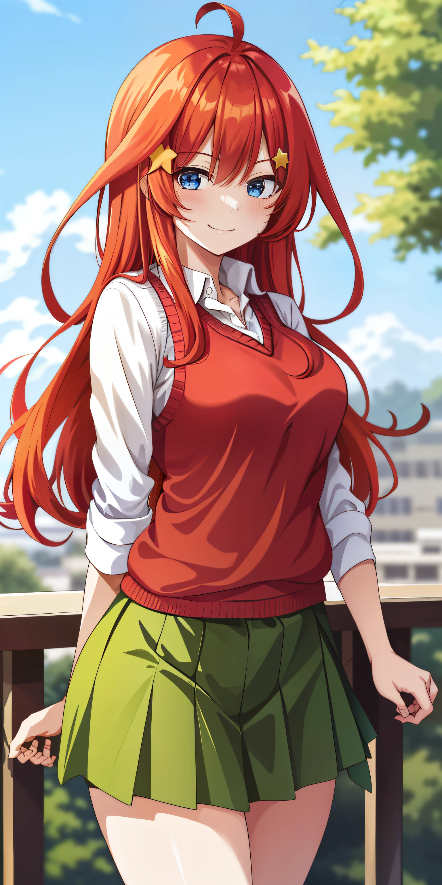 2d, masterpiece, best quality, anime, highly detailed, 1girl, solo, cowboy shot, nakano itsuki, red hair, long hair, star hair ornament, ahoge, red sweater, collared shirt, green skirt, miniskirt, medium breasts, standing, school, outdoors, smile