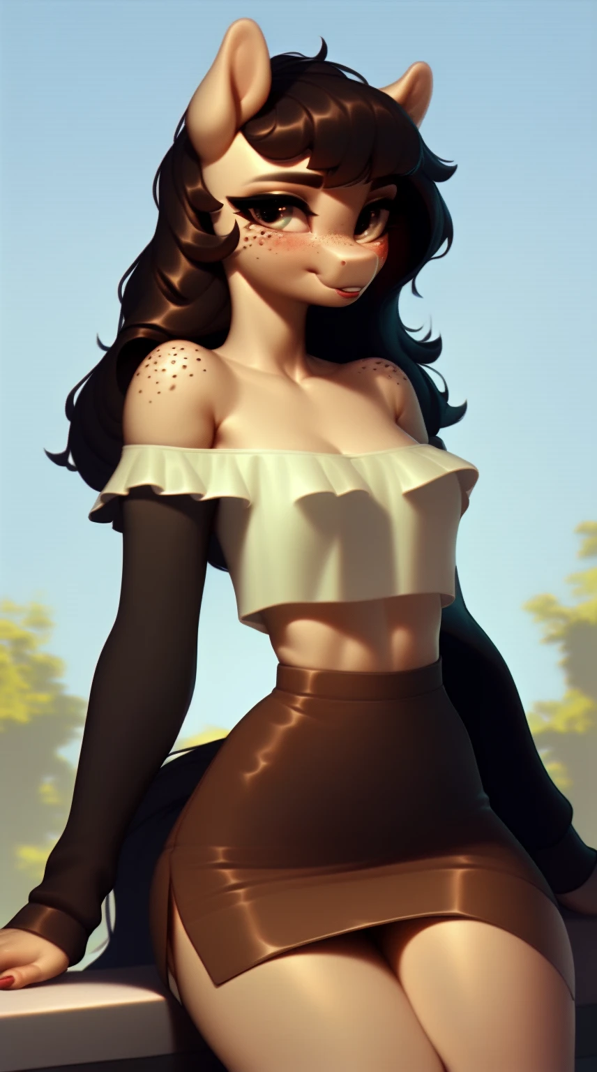 (score_9), (source_ derpibooru_p_95), (earth pony), ((anthro :1.1)), (shoulderless top, cute skirt), shy, blushing, solo, realistic long hair, bangs, anatomically correct, flat chest, curvy figure, high res, pink bottom lip, extremely detailed, ager, absolutely stunning, freckles, skinny waist,