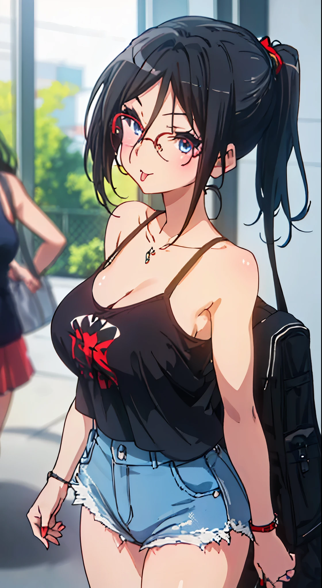 asuka tanaka, perfect face, detailed, 8k, masterpiece, (ultra high quality), black tanktop, denim short, mini short, big breast, tongue, pieces hand pose