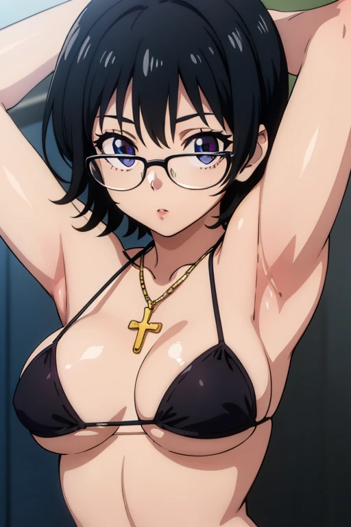 Shizuku Murasaki, 1girl, black hair, short hair, glasses, large breast, ((black micro bikini)), (upper body, looking at view, arms down), (masterpiece, high resolution, best quality, anime colored, anime screencap, 8k, photorealistic), denim, inverted cross chain necklace, (perfect detailed anatomy, beautiful detailed eyes&hair, beautiful detailed body&breast)