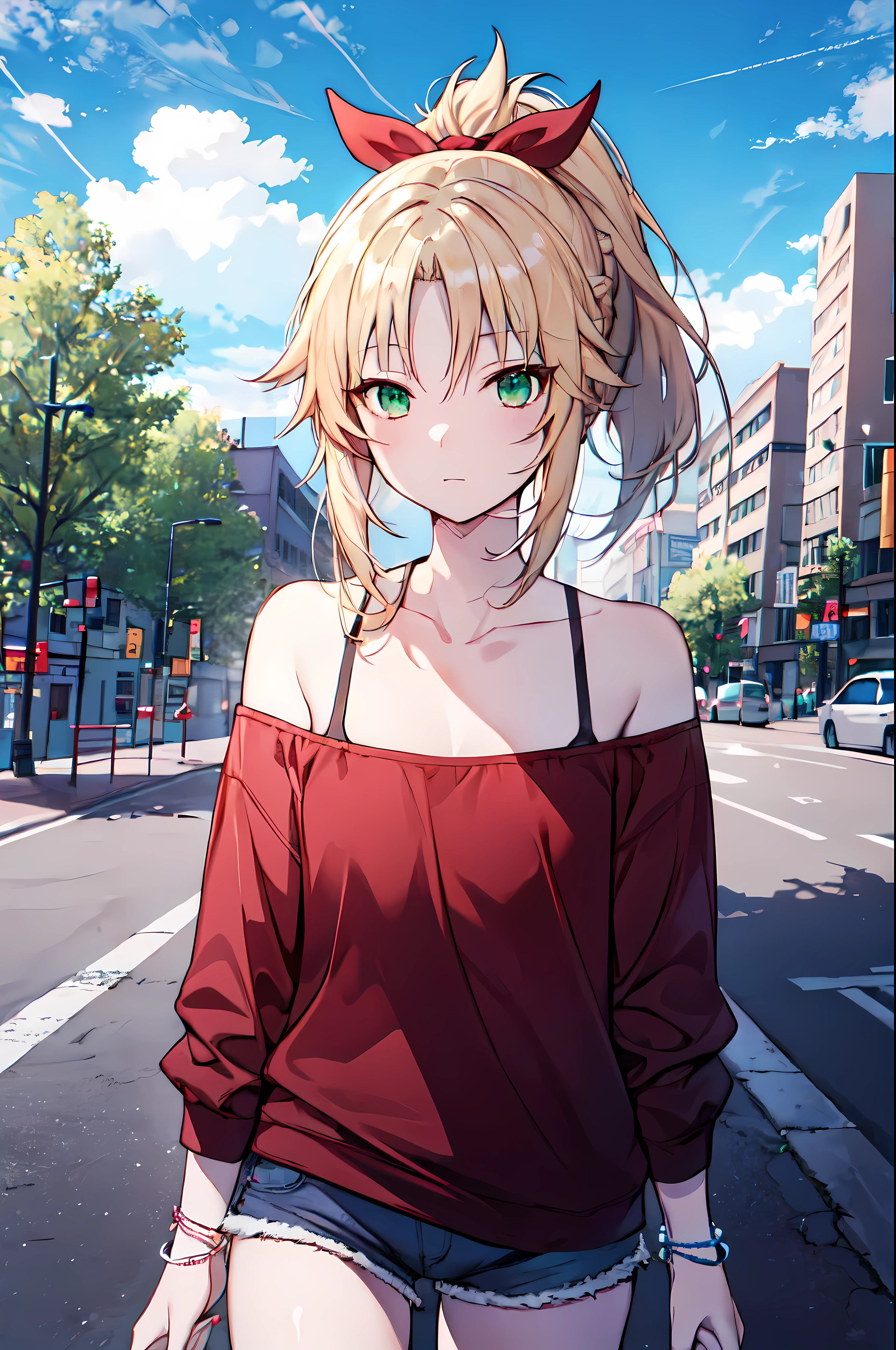 detailed, (masterpiece:1.2), (pale_skin), (solo:1.2), (female), (emphasis lines:1.3), slender, (blonde), outdoors, sky, green eyes, ponytail, collarbone, denim_shorts, bracelets, (averting_eyes), (red_ribbon), park, off_shoulder, adult