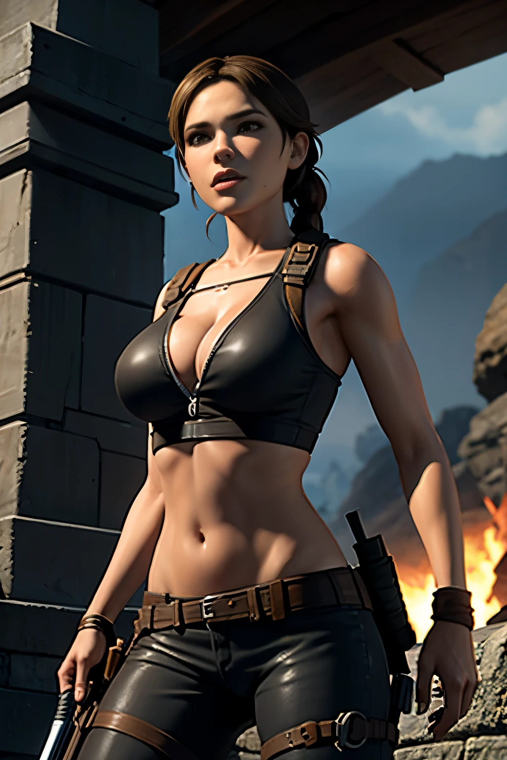 Nsfw, Lara Croft, rise of The tomb raider, (master part, 4k resolution, ultra-realistic, altamente detalhado), (Charismatic, no topo da cidade), corpo inteiro, noite, dynamic lights, curvas perfeitas