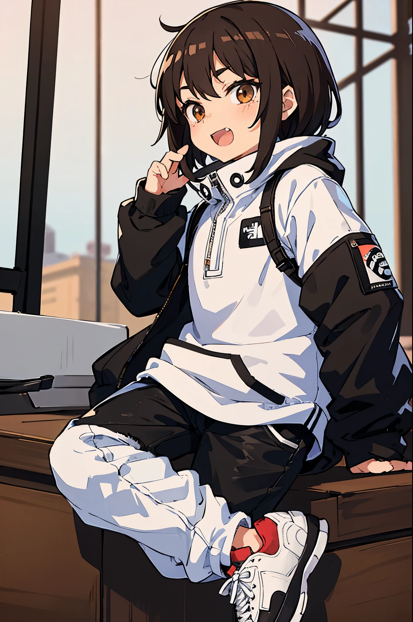 shota,wearing white and black the north face jacket, black jeans, white and black sneakers, brown hair, brown eyes, fang teeth, high res, masterpiece