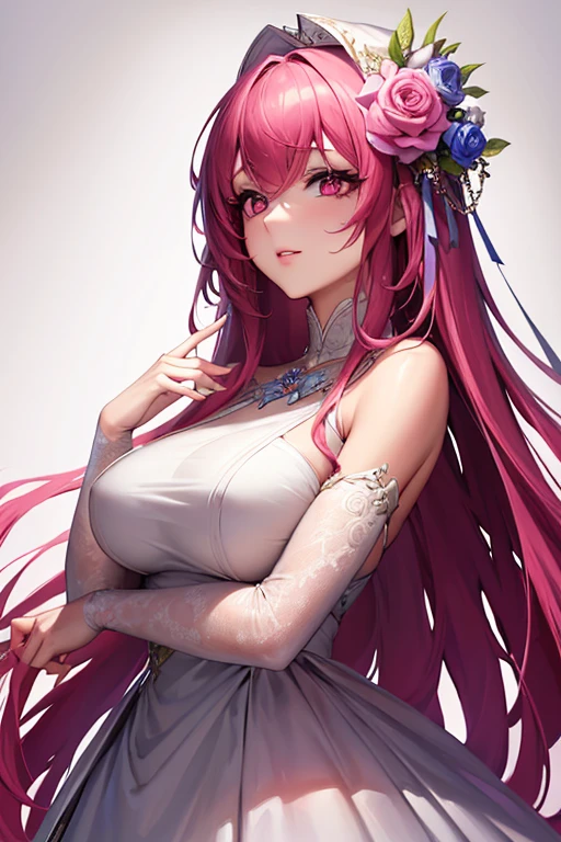 ((muste piece)), ((best quality))、best style、beautiful woman、The most beautiful woman in the world、dress with flowers、wearing a luxurious dress, pink eyes、pink hair、long hair、big breasts、detailed face、best style、

