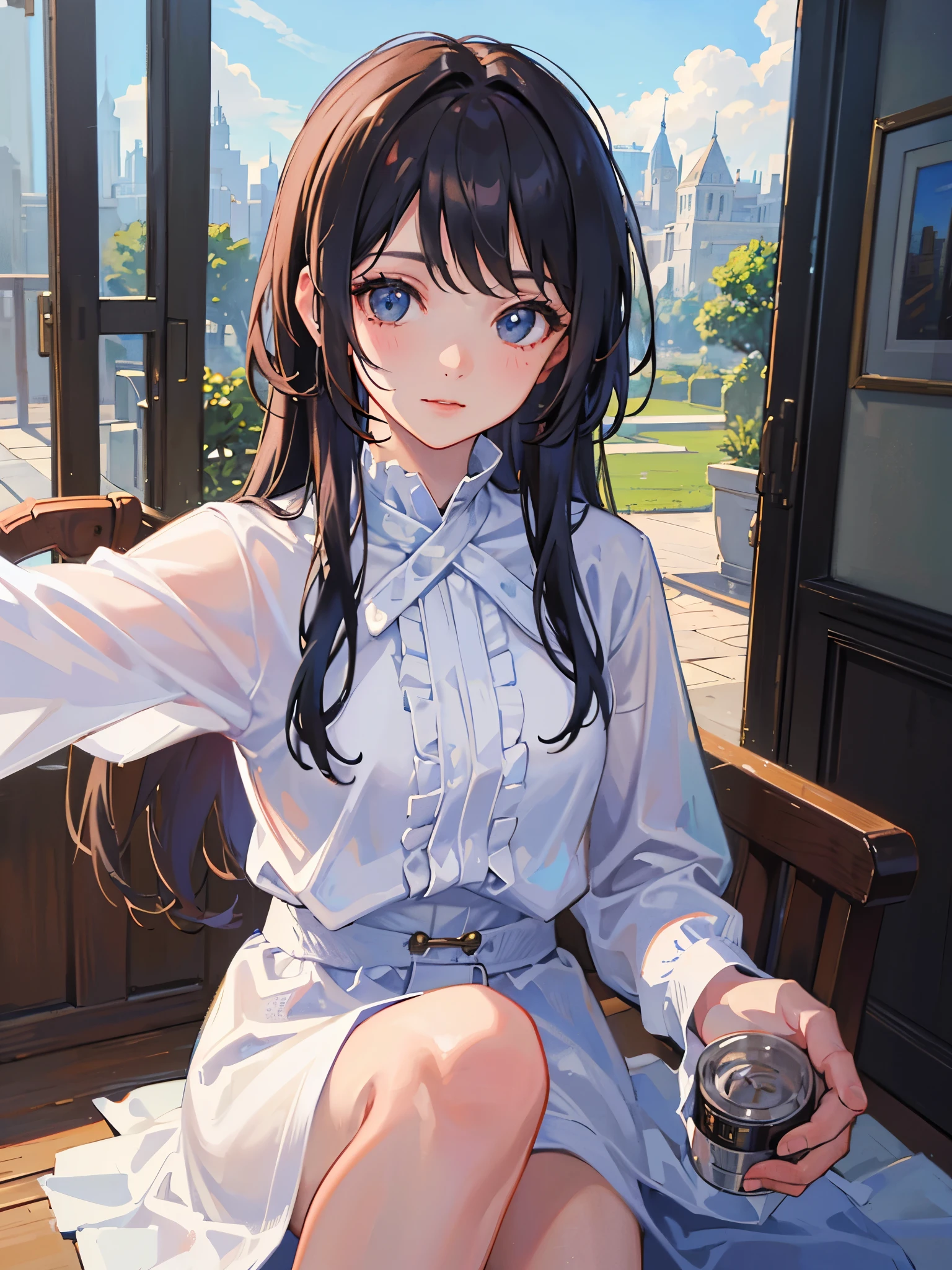 (Solo:1.3)), 1Girl, Best Quality, Realistic, Photorealistic, Best Quality, Masterpiece, Very Delicate and Beautiful, Very Detailed, (Selfie:1.2), Fine Detail, Ultra Detail, High Definition, Very Detailed, Realistic, Ultra High Definition, Best Quality, Ultra High Definition, (Real:1.4), High Quality Texture, Wearing White and Thin Summer Knit, On Rooftop, Bangs, Long Hair , afternoon light, spectacular sky and clouds