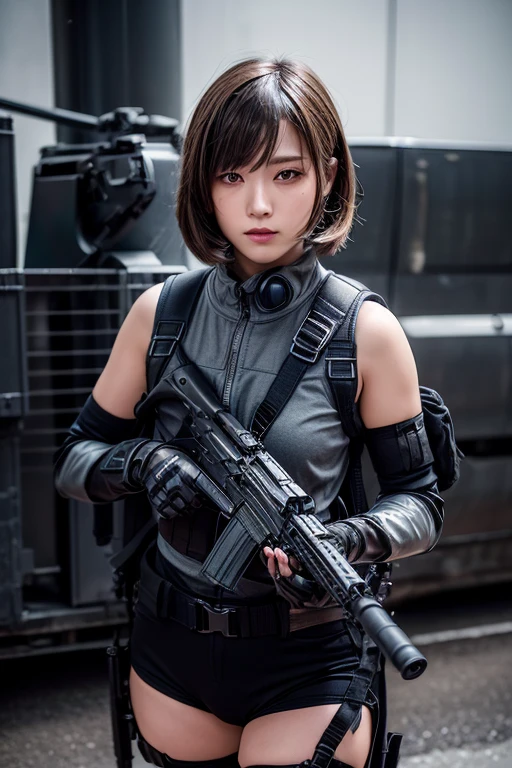 ((best quality)), (masterpiece), photorealistic, photorealism 16K, (16K), 1girl full body, aiming with an mp5 sub-rifle, Combat pose, explosion background, bobhaircut, Photorealistic, high resolution, (Detailed face), looking to the camera, (wearing shirt ,gloves,black and gray mecha, military harness, holding a mp5 sub-rifle, carrying hich-tech-backpack), background grey, Fingers are occluded