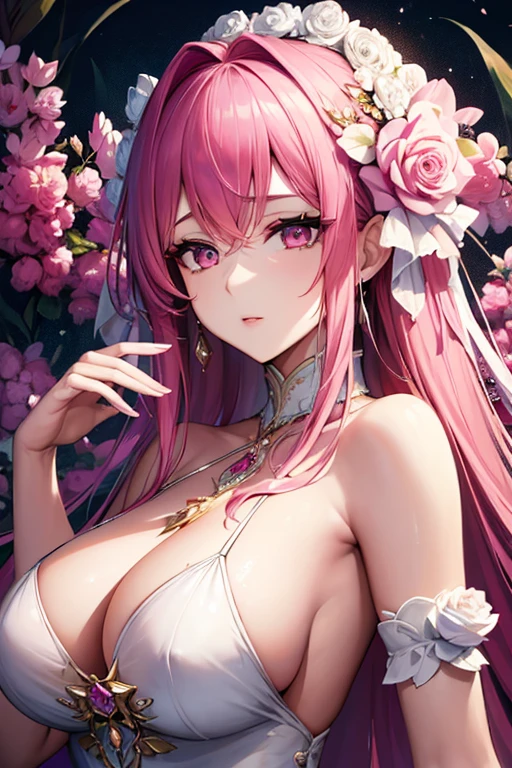 ((muste piece)), ((best quality))、best style、beautiful woman、The most beautiful woman in the world、dress with flowers、wearing a luxurious dress, pink eyes、pink hair、long hair、、detailed face、best style、