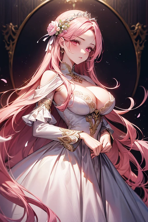 ((muste piece)), ((best quality))、best style、beautiful woman、The most beautiful woman in the world、dress with flowers、wearing a luxurious dress, pink eyes、pink hair、long hair、big breasts、detailed face、best style、