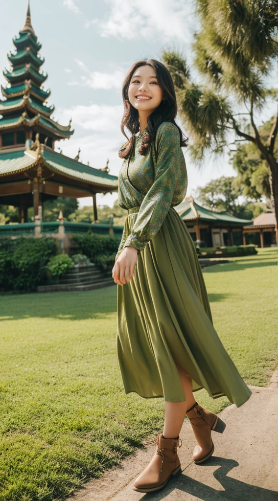 a beautiful girl with cute dimples, smiling, wearing
burmese dress, walking in Bagan's street, 
ACMM LS OUTFIT, WEARING ACMM TOP OLIVE
GREEN ACMM TOP; LONG SLEEVES, WEARING
ACMM LONG SKIRT, OLIVE GREEN ACMM LONG
SKIRT, PRINTED SKIRT
OUTDOORS, SCENERY, TRADITIONAL MEDIA,
SKY, DAY, PHOTO BACKGROUND, REAL WORLD
LOCATION, ARCHITECTURE, NATURE, RUINS
LANDSCAPE, BAGAN ANCIENT PAGODA
BACKGROUND