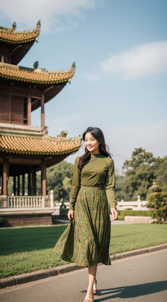 a beautiful girl with cute dimples, smiling, wearing
burmese dress, walking in Bagan's street,
ACMM LS OUTFIT, WEARING ACMM TOP OLIVE
GREEN ACMM TOP; LONG SLEEVES, WEARING
ACMM LONG SKIRT, OLIVE GREEN ACMM LONG
SKIRT, PRINTED SKIRT
OUTDOORS, SCENERY, TRADITIONAL MEDIA,
SKY, DAY, PHOTO BACKGROUND, REAL WORLD
LOCATION, ARCHITECTURE, NATURE, RUINS
LANDSCAPE, BAGAN ANCIENT PAGODA
BACKGROUND