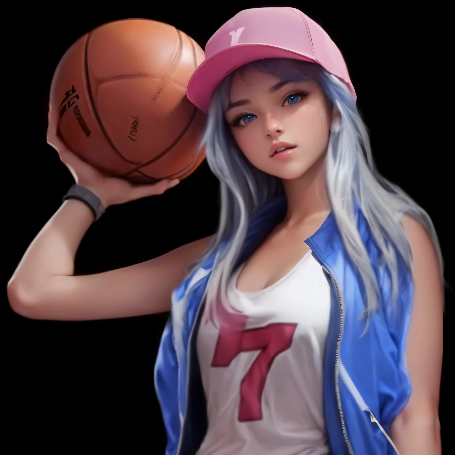 1 girl, solo, beautiful face, , full body, wearing pink cap, ((blue jacket:1.5)), long blue hair that flows down to the shoulders, , dressed in a white tank top with a prominent red “7” printed on it, shiny pink shorts secured with a black belt, white knee-high socks and grey sneakers with pink laces, holding Basket Ball simple background, blank background, standing, ((masterpiece)), 32k, 4k, 4KUHD, 8k, detailed face