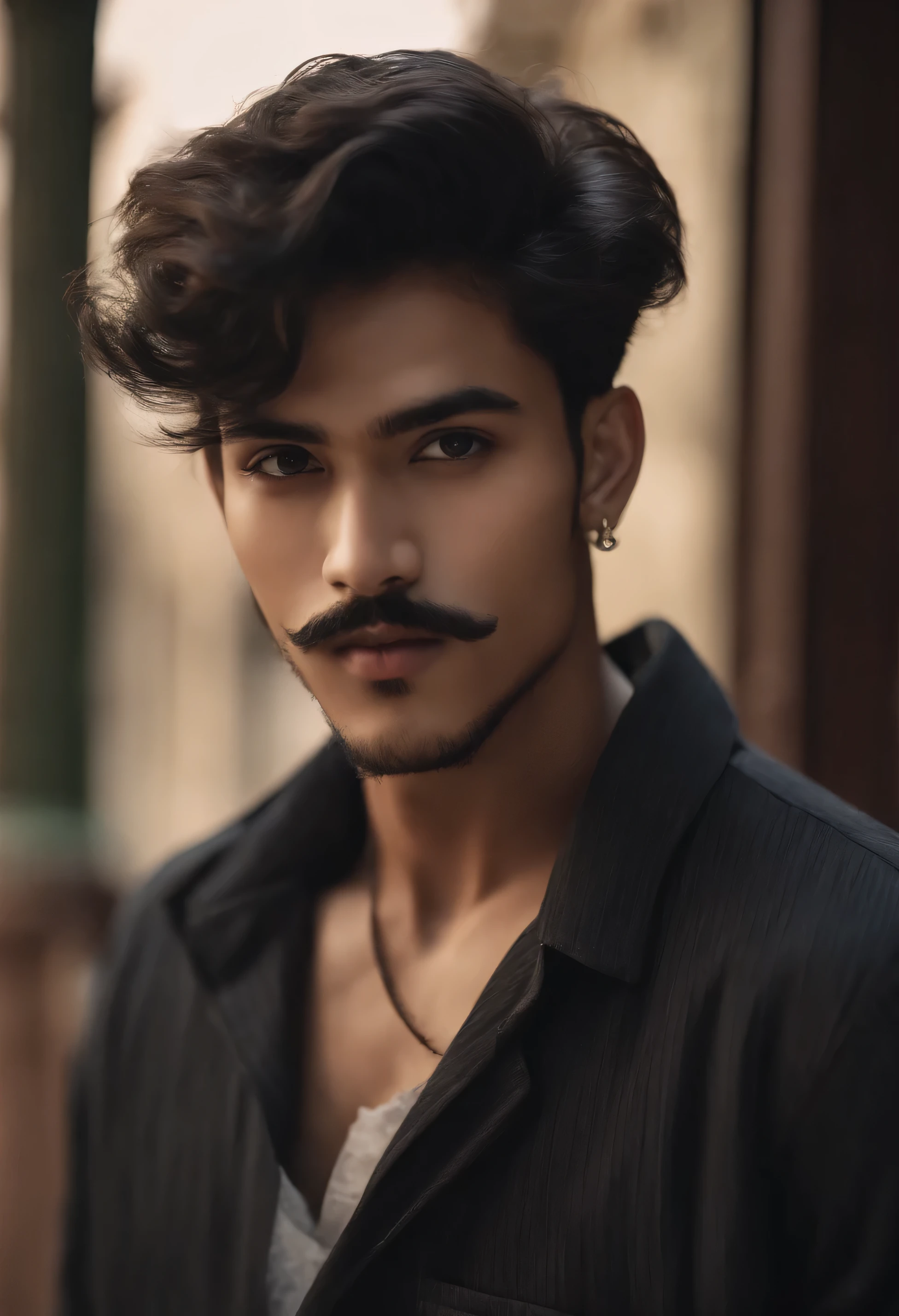 male people、mustache、black short-haired、glamor 20 year old generation, looks ultra real, mesomorph body, height 5.7 feet , brown punjabi boy, light  trimmed beard 