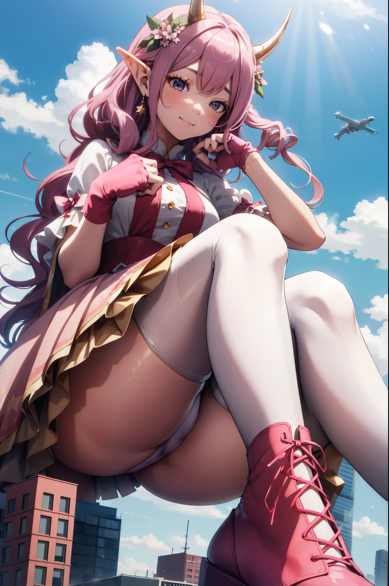 giant girl 50,000 feet high，Weight 1000kg，Has a pair of huge pink angel wings，With huge devil horns on his head，crown on head，Elf wearing pink earrings，She has long pink hair that reaches her feet，loose hair，Pink wavy long curly hair，Wearing a pair of pink boots，Pink lace gloves，Pink lace pantyhose，Pantyhose with bow and star decorations，粉色蕾丝whole body，Sitting elegantly on a tall building，Beautiful appearance，Exquisite makeup，quality，8k，高quality，Perfect proportion, Cinema lighting，film grain，Fuji colors，8k，textured skin，Super details，high detail，high resolution，fake smile，blood stains，脚底有blood stains，whole body，Obese，elf princess，feather，flowers