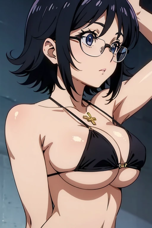 Shizuku Murasaki, 1girl, black hair, short hair, glasses, sagging huge breast, ((black bikini)), (upper body, looking at view, arms down), (masterpiece, high resolution, best quality, anime colored, anime screencap, 8k, photorealistic), denim, inverted cross chain necklace, (perfect detailed anatomy, beautiful detailed eyes&hair, beautiful detailed body&breast)