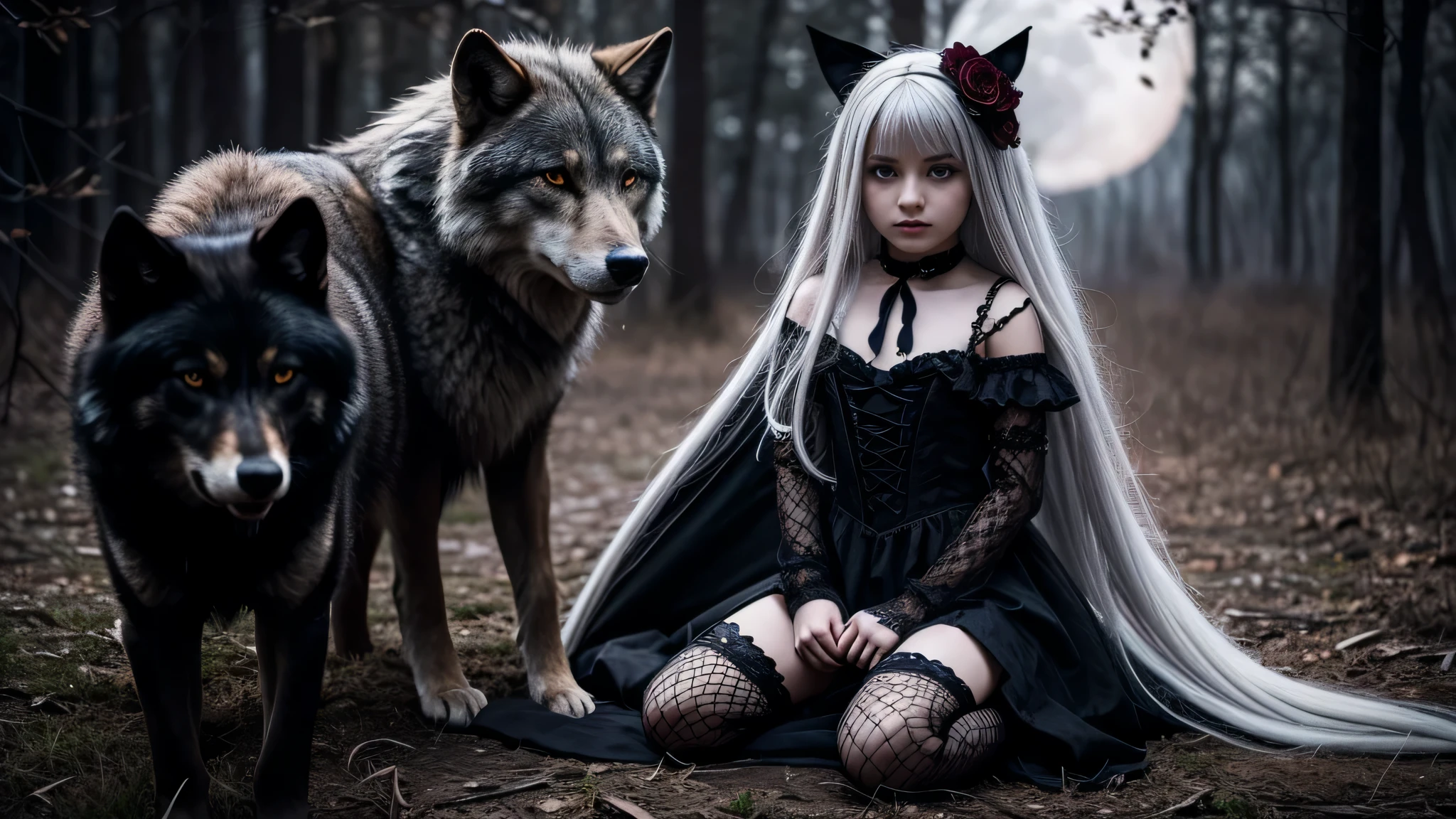 KIDS garota vampira com longos cabelos prateados e um LOBO. com ela, in symbolic gothic net clothing,