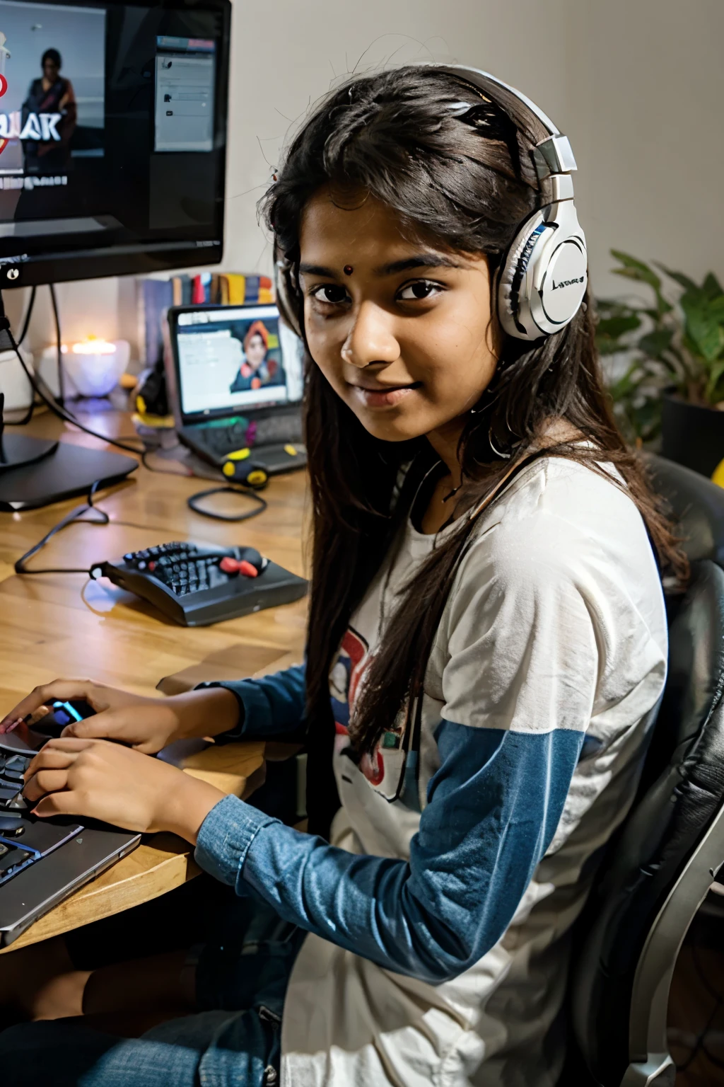 cute indian wearing headphone and playing pc game
