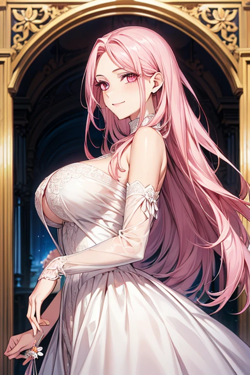 ((muste piece)), ((best quality))、best style、beautiful woman、The most beautiful woman in the world、dress with flowers、wearing a luxurious dress, pink eyes、pink hair、long hair、big breasts、detailed face、best style、smile