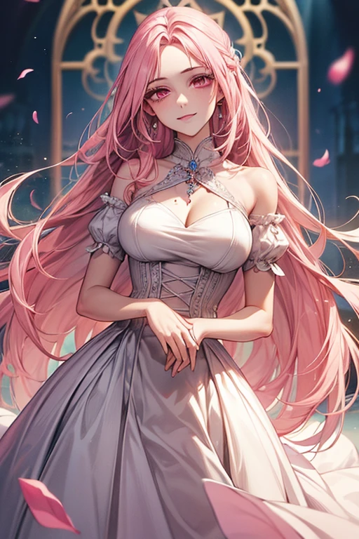 ((muste piece)), ((best quality))、best style、beautiful woman、The most beautiful woman in the world、dress with flowers、wearing a luxurious dress, pink eyes、pink hair、long hair、big breasts、detailed face、best style、smile