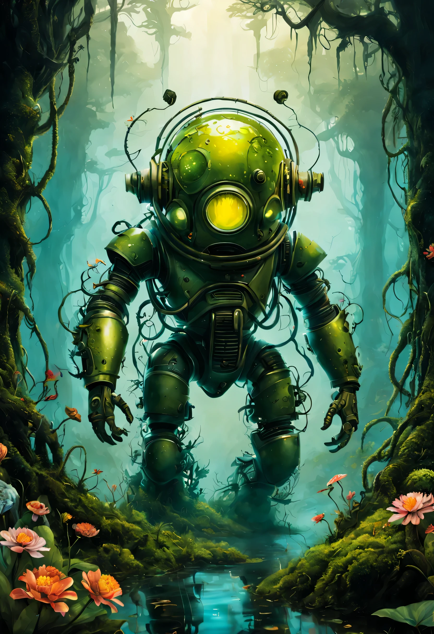illustration-style picture of a biomechanical entity. The entity is a fusion of technology and nature, with a helmet that resembles a diving suit, its surface covered in verdant moss, handing a flower to viewer, twisting vines, and bright, exotic flowers. Its arms are heavy and robotic, adorned with peaceful symbols and patterns. The backdrop is an enchanted swamp, filled with a mystical fog, gnarly trees, and a spectrum of swamp flora. Fireflies dot the air with their luminescent glow. The illustration should have a whimsical and fantastical feel, with vibrant colors and a hand-drawn quality that emphasizes the enchanting aspects of the scene and the organic-meets-mechanical theme.