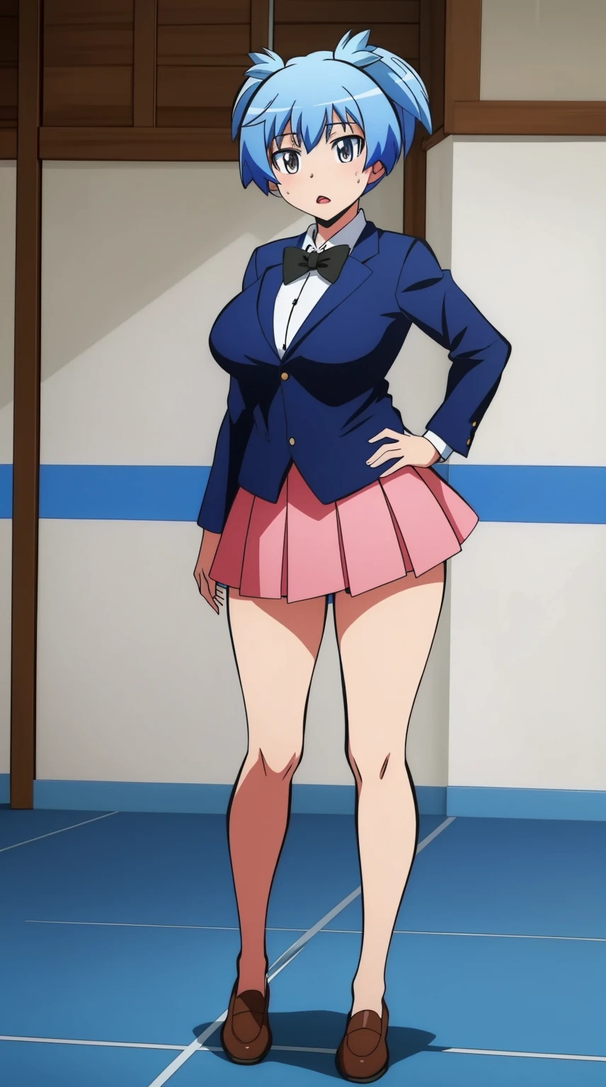 (Beautiful, Huge_Breasts), (Extremely short skirt:1.4), illustration of Nagisa Shiota in school uniform, pony tail hair style, blue hair, blush, bangs, closed mouth, brown eyes, 

1 girl, 20yo,YOUNG female, Beautiful Finger, Beautiful long legs ,Beautiful body ,Beautiful Nose ,Beautiful character design, perfect eyes, perfect face,(Beautiful,Huge_Breasts:1.3)

an anime/cartoon character wearing a girls school uniform walking upright with straight posture and an open mouth, 1girl, solo, thigh-highs, ブレザー burezaa (Blazer), ahoge, long hair, white thighhighackground, hand on hip, full body, bow, school uniform, looking at viewer, bowtie, shoes, loafers, ribbon,

official art, extremely detailed CG unity 8k wallpaper, perfect lighting,Colorful, Bright_Front_face_Lightinasterpiece:1.0),(best_quality:1.0), ultra high res,4K,ultra-detailed,
photography, 8K, HDR, highres, absurdres:1.2, Kodak portra 400, film grain, blurry background, bokeh:1.2, lens flare, (vibrant_color:1.2)
, (beautiful_face:1.5),(narrow_waist), 