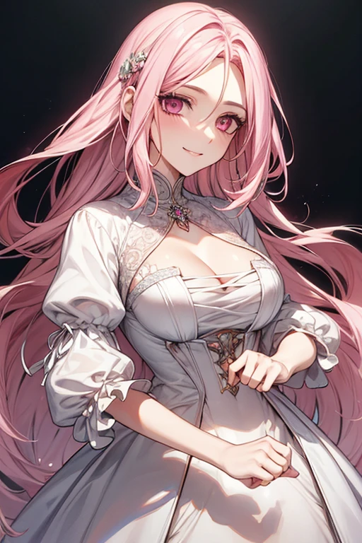 ((muste piece)), ((best quality))、best style、beautiful woman、The most beautiful woman in the world、dress with flowers、wearing a luxurious dress, pink eyes、pink hair、long hair、big breasts、detailed face、best style、smile