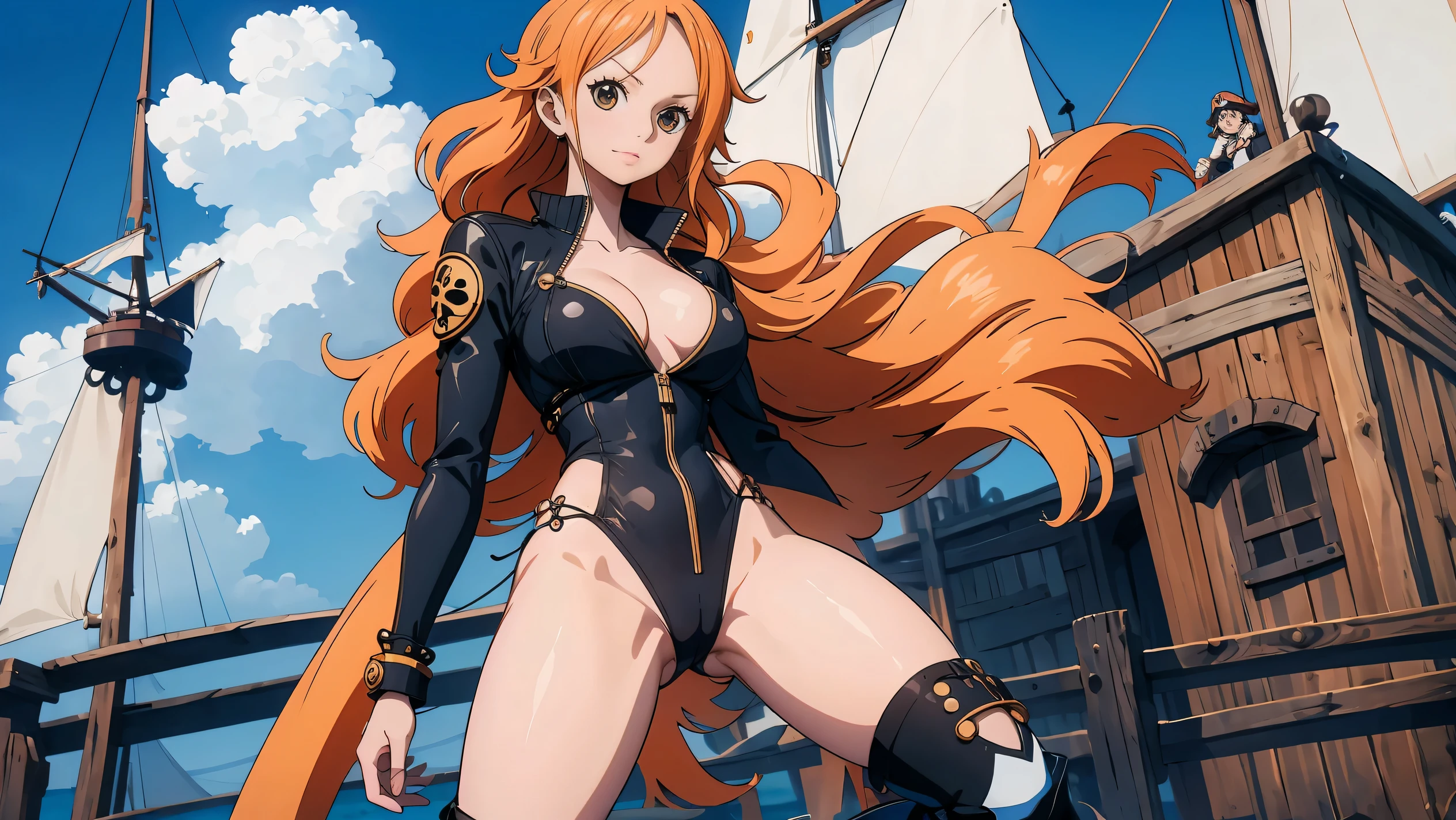 generate style anime nami onepiece unique piece, com cabelos longos laranjados e amarrados, olhos perfeitos e detalhados, seios grandes e decotados, beautiful open legs wearing black boots standing on pirate ship. The image features a high definition 4k HDR resolution.